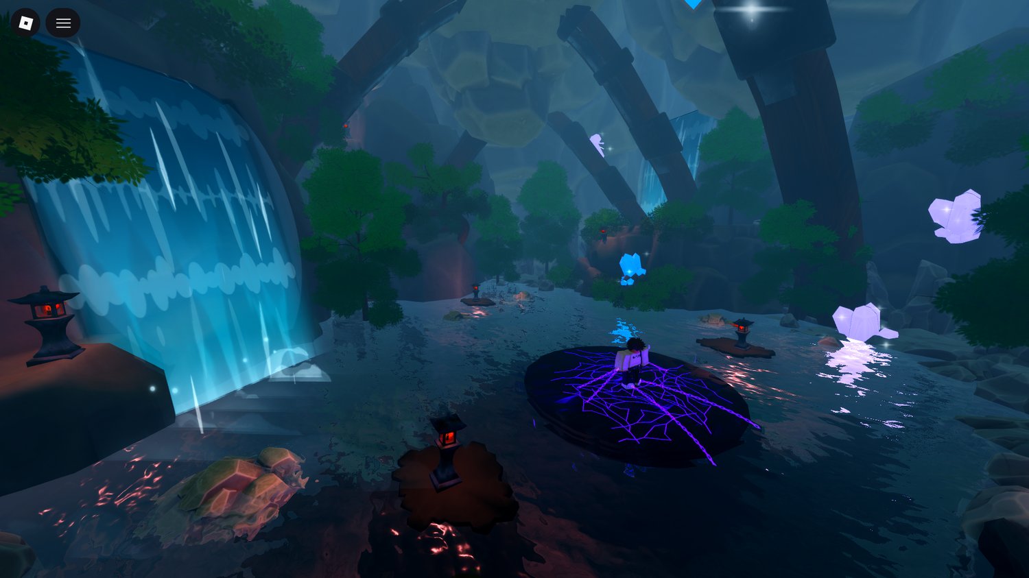 Central stone pathway leading through a crystal cavern in Roblox