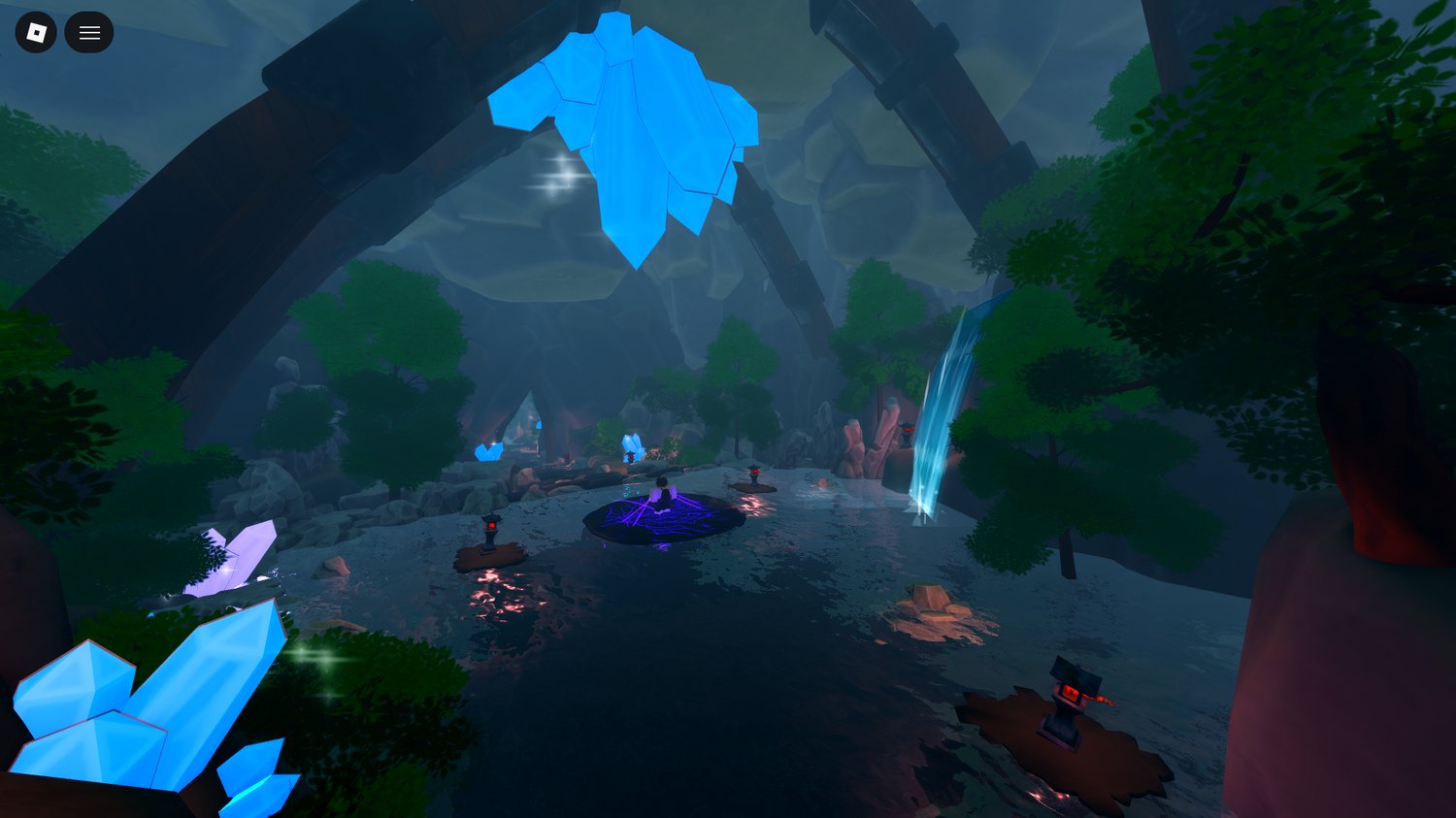 Waterfall flowing into a reflective pool inside a cavern in Roblox