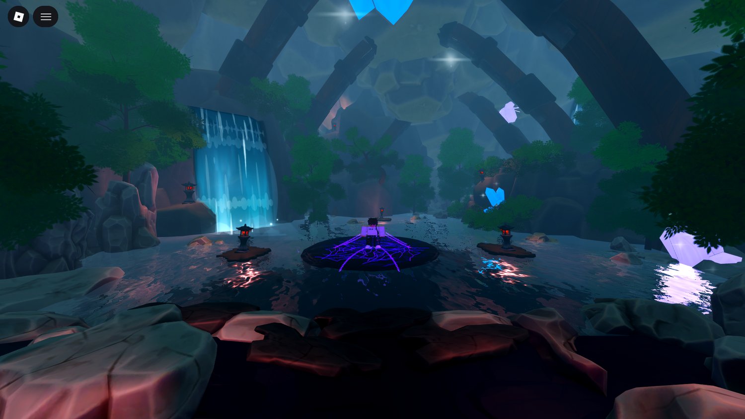 Subterranean foliage growing among glowing crystals in Roblox