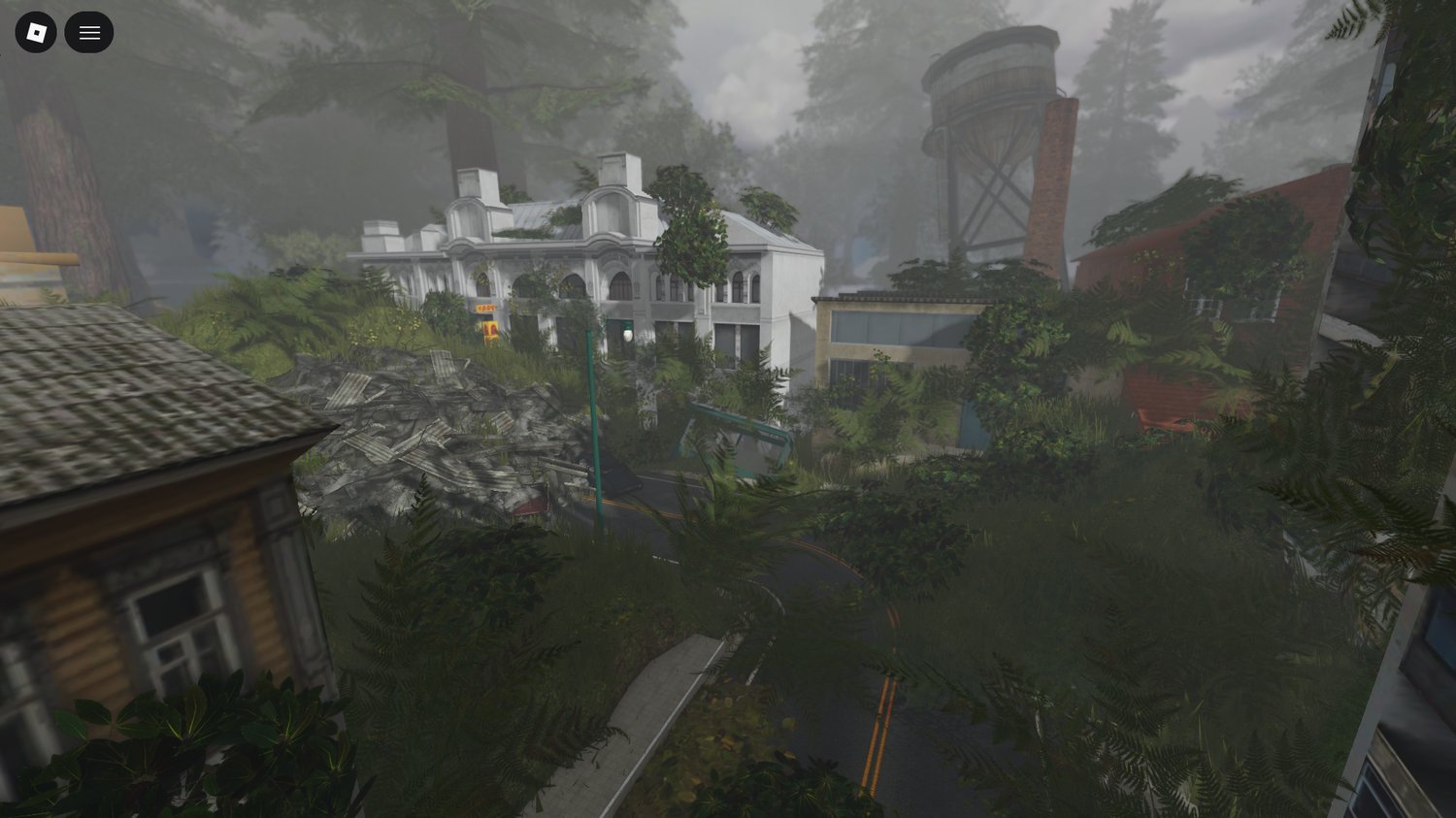 Small ruined city Roblox map with realistic lighting and debriseaturing collapsed structures