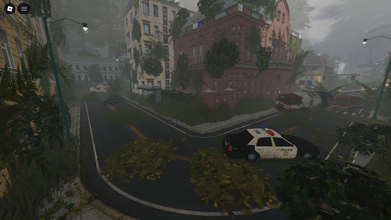 Post-apocalyptic urban environment Roblox featuring collapsed structures