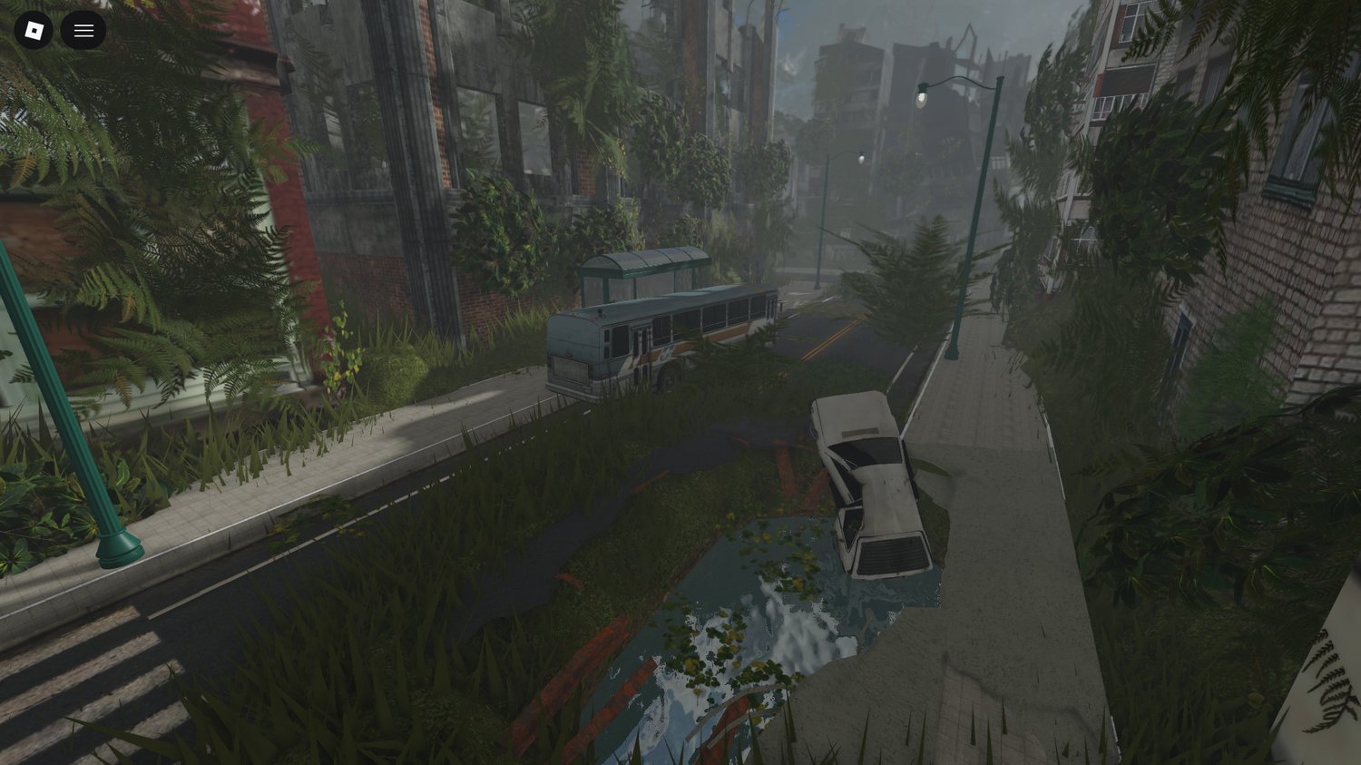 Roblox survival roleplay map showing abandoned cars and wreckage