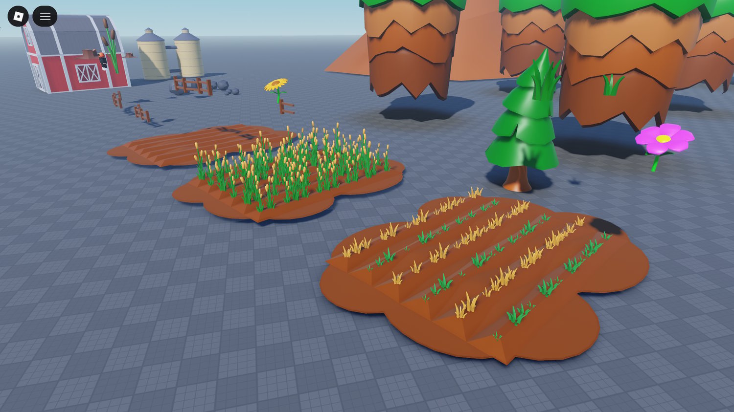 Oak trees and flowering plants for farm scenes in Roblox