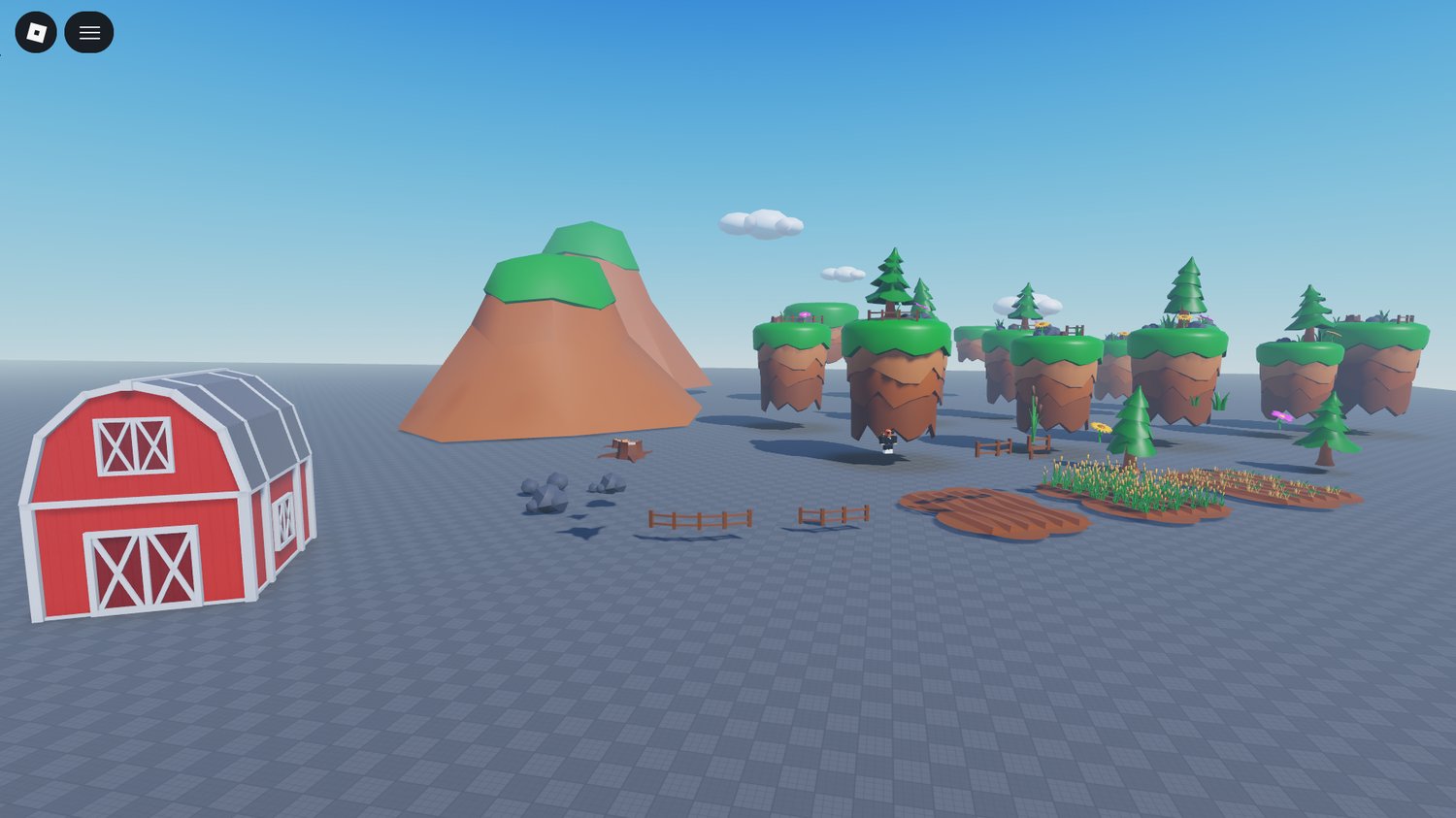 Rolling hills and mountainous terrain in Roblox farm map