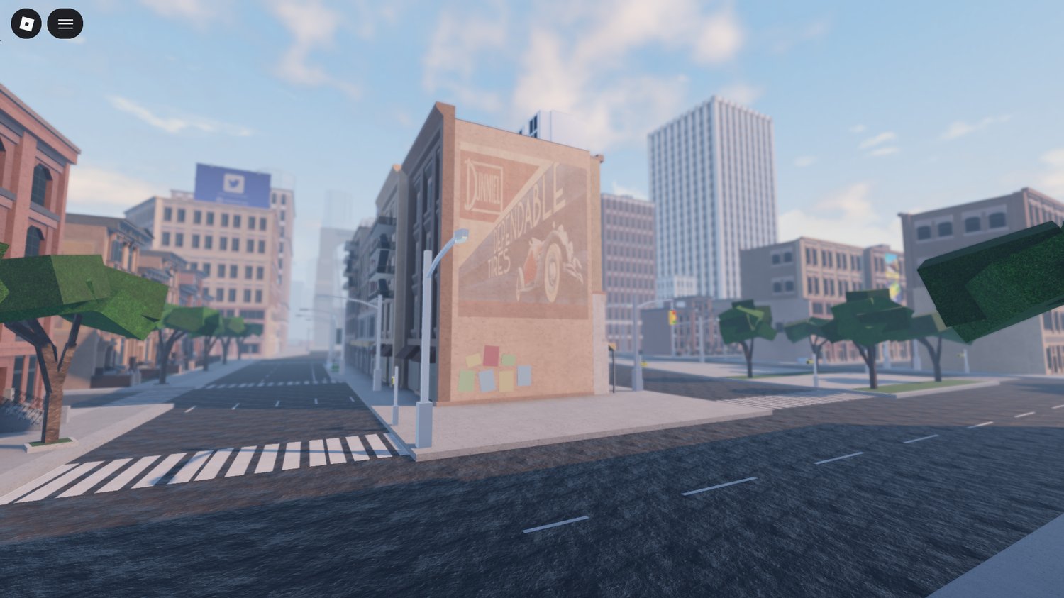 Wide city view showing multiple enterable buildings in Roblox
