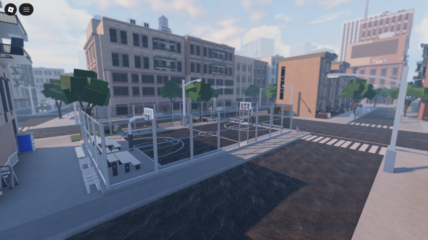 Detailed exterior streets with shops and urban props in Roblox