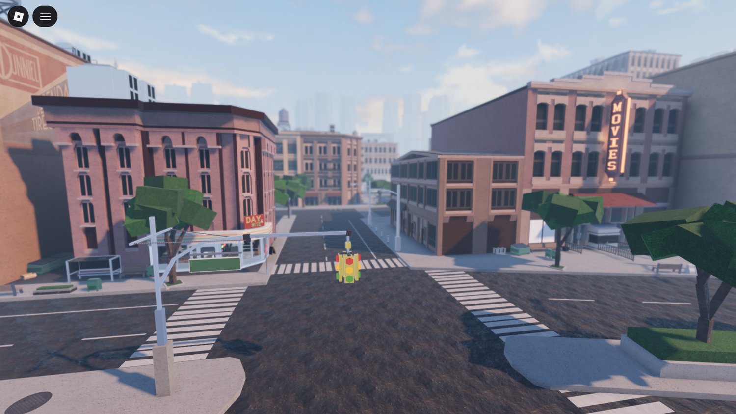 Urban streets with sidewalks and city landmarks in Roblox