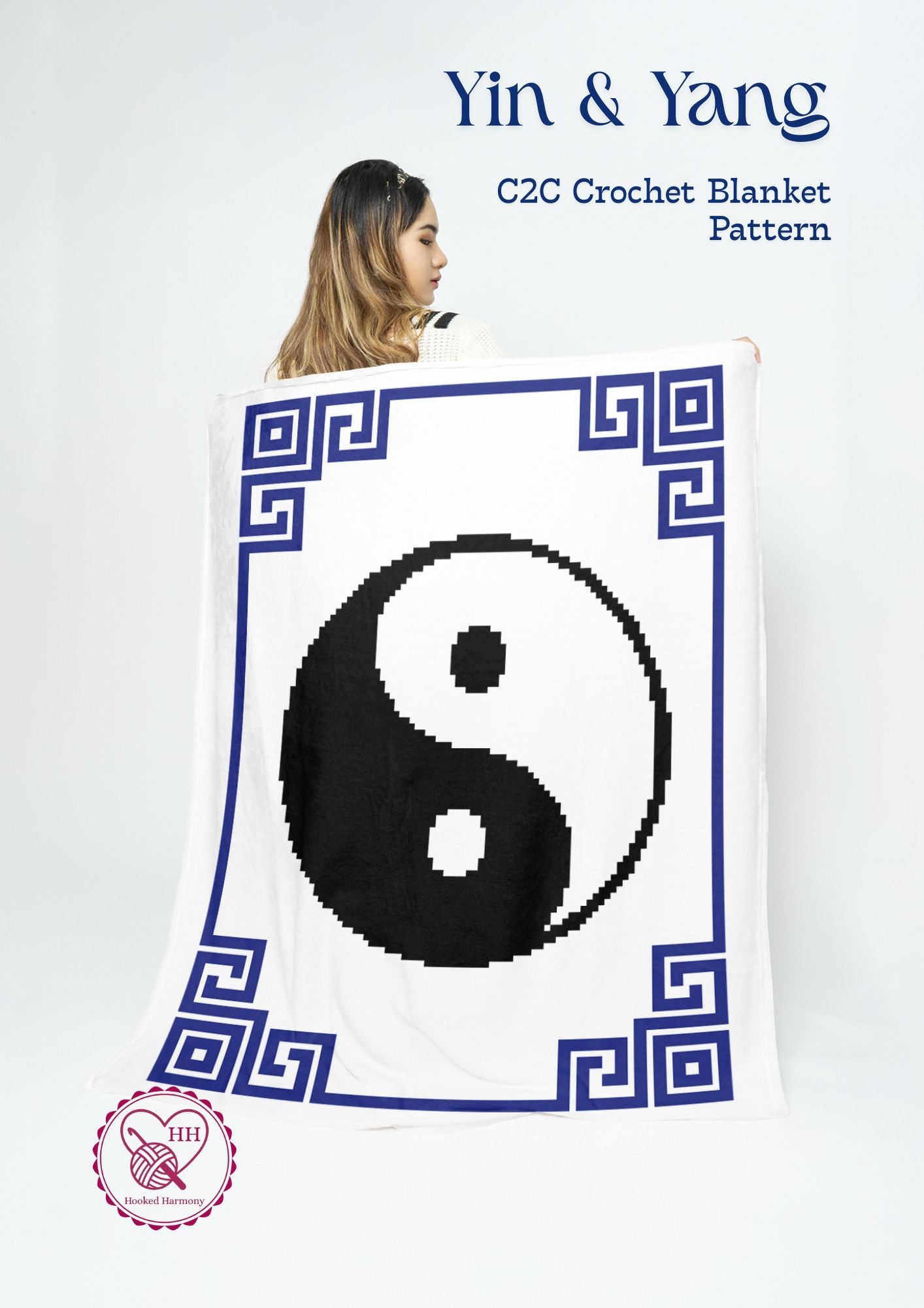 Yin and Yang C2C crochet blanket pattern cover with black and white design