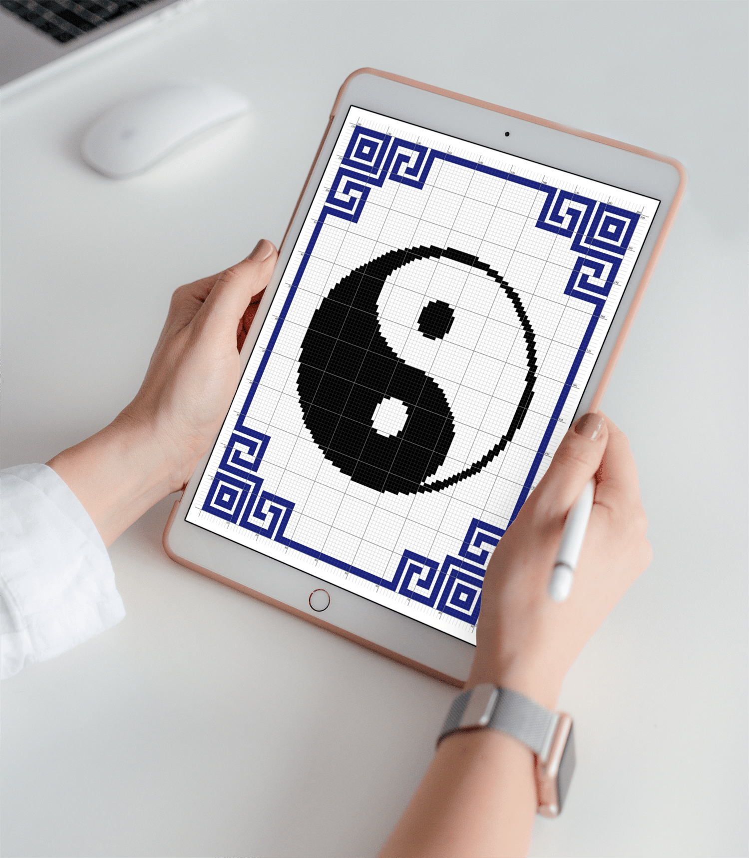 Corner to corner crochet Yin Yang graph pattern on tablet