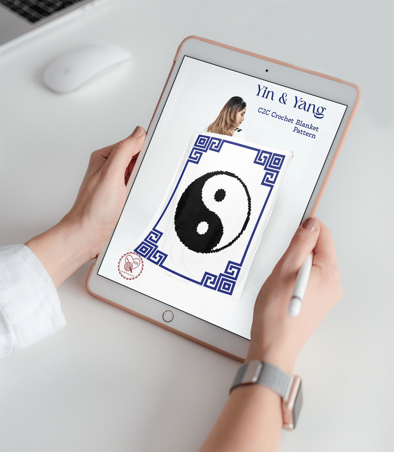 Yin and Yang C2C crochet blanket pattern displayed on tablet screen