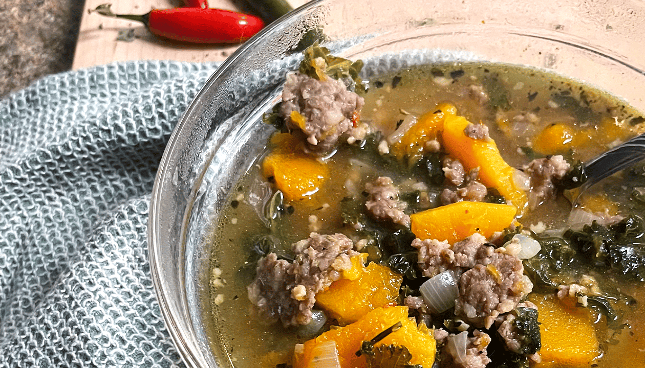Butternut Squash, Sausage, Kale Soup recipe by Terra Kelly