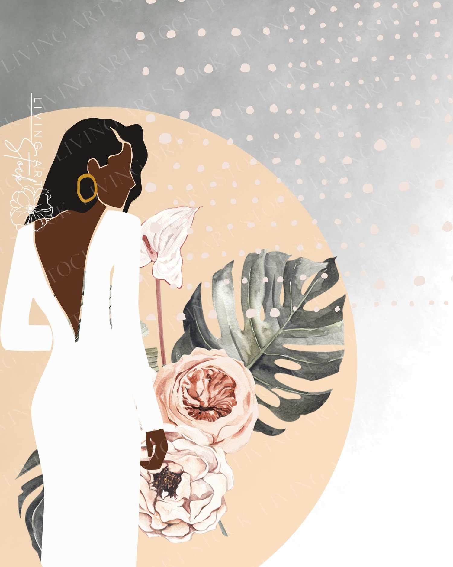 This high-quality digital illustration features a contemporary, minimalist aesthetic. It depicts the silhouette of a woman with dark skin and long hair, wearing a sophisticated, backless white dress and a bold gold hoop earring. The composition is layered