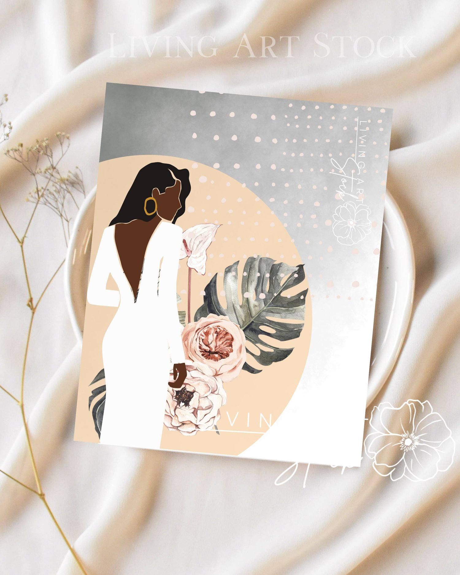 This high-quality digital illustration features a contemporary, minimalist aesthetic. It depicts the silhouette of a woman with dark skin and long hair, wearing a sophisticated, backless white dress and a bold gold hoop earring. The composition is layered