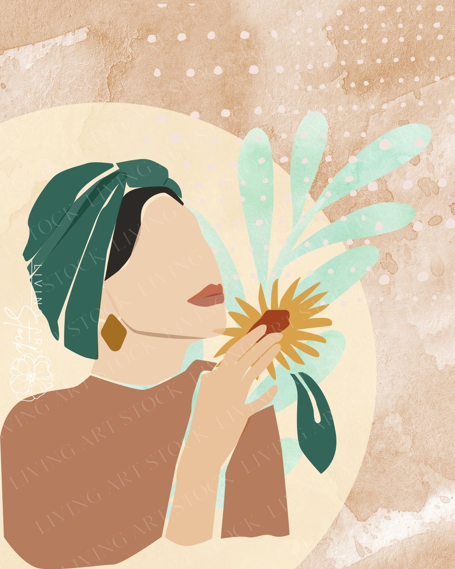 This contemporary digital illustration showcases a minimalist, faceless portrait of a woman in profile, delicately holding and smelling a stylized yellow sunflower. She is wearing a prominent teal green headwrap and a large geometric gold earring, set aga