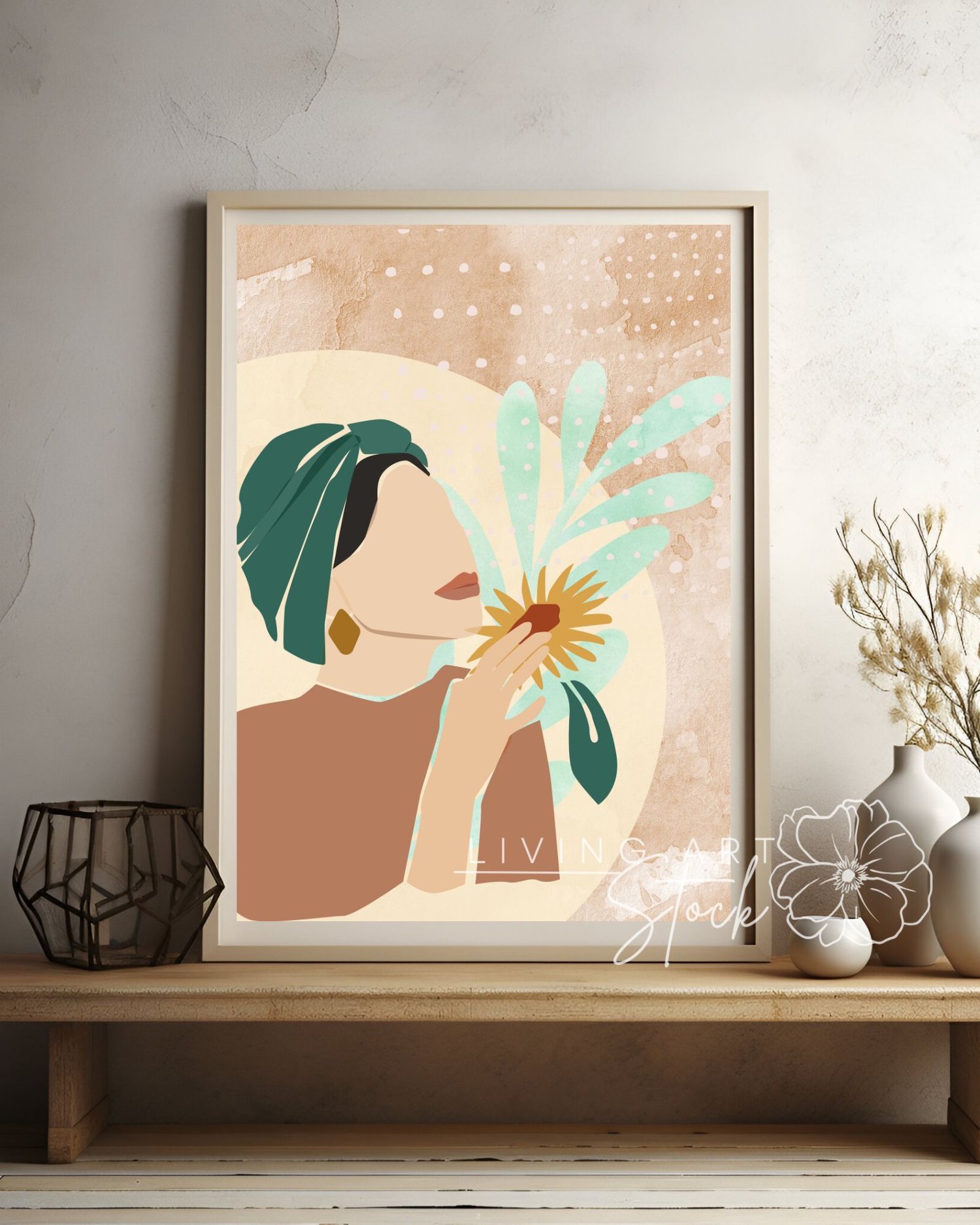 This contemporary digital illustration showcases a minimalist, faceless portrait of a woman in profile, delicately holding and smelling a stylized yellow sunflower. She is wearing a prominent teal green headwrap and a large geometric gold earring, set aga
