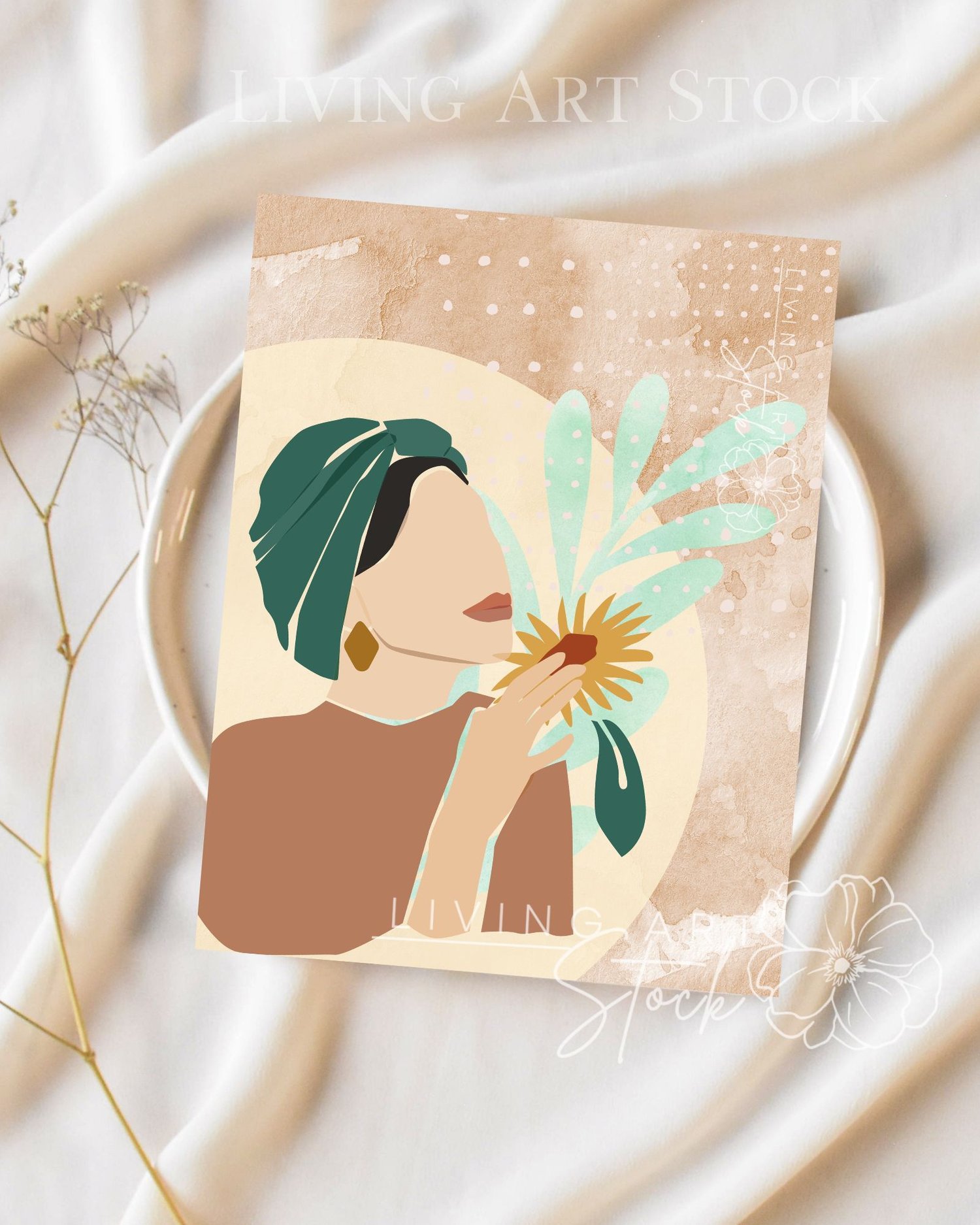 This contemporary digital illustration showcases a minimalist, faceless portrait of a woman in profile, delicately holding and smelling a stylized yellow sunflower. She is wearing a prominent teal green headwrap and a large geometric gold earring, set aga