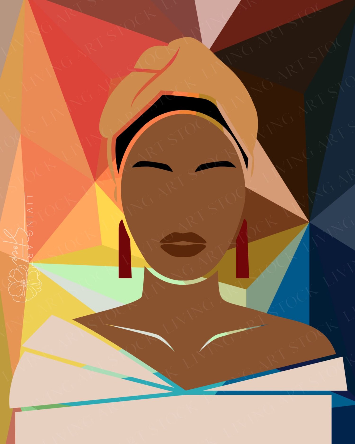 This striking digital illustration features a minimalist, faceless portrait of a Black woman styled with a tan headwrap and bold red tassel earrings. The artwork is characterized by a "low-poly" or mosaic-style geometric background, utilizing sharp triang