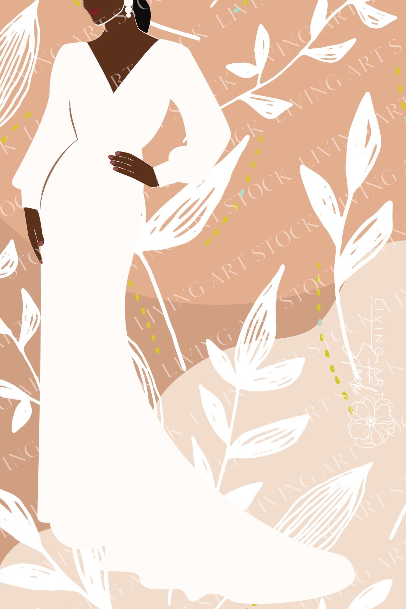 This sophisticated digital illustration features a faceless woman with dark skin and a sleek black ponytail, posed elegantly in a floor-length white gown. The dress features a deep V-neckline, long billowy sleeves, and a flowing train. She is adorned with