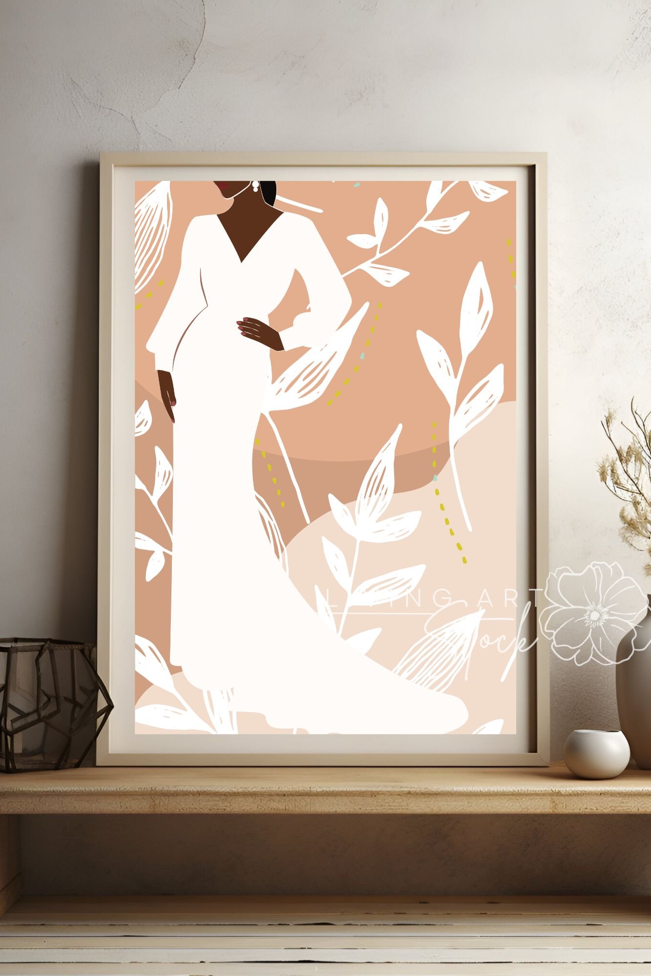 This sophisticated digital illustration features a faceless woman with dark skin and a sleek black ponytail, posed elegantly in a floor-length white gown. The dress features a deep V-neckline, long billowy sleeves, and a flowing train. She is adorned with