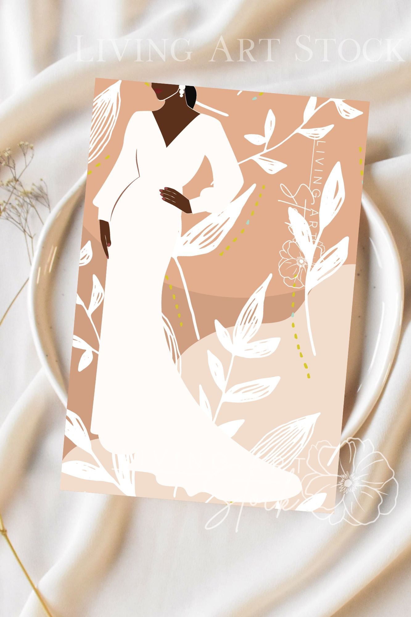 This sophisticated digital illustration features a faceless woman with dark skin and a sleek black ponytail, posed elegantly in a floor-length white gown. The dress features a deep V-neckline, long billowy sleeves, and a flowing train. She is adorned with