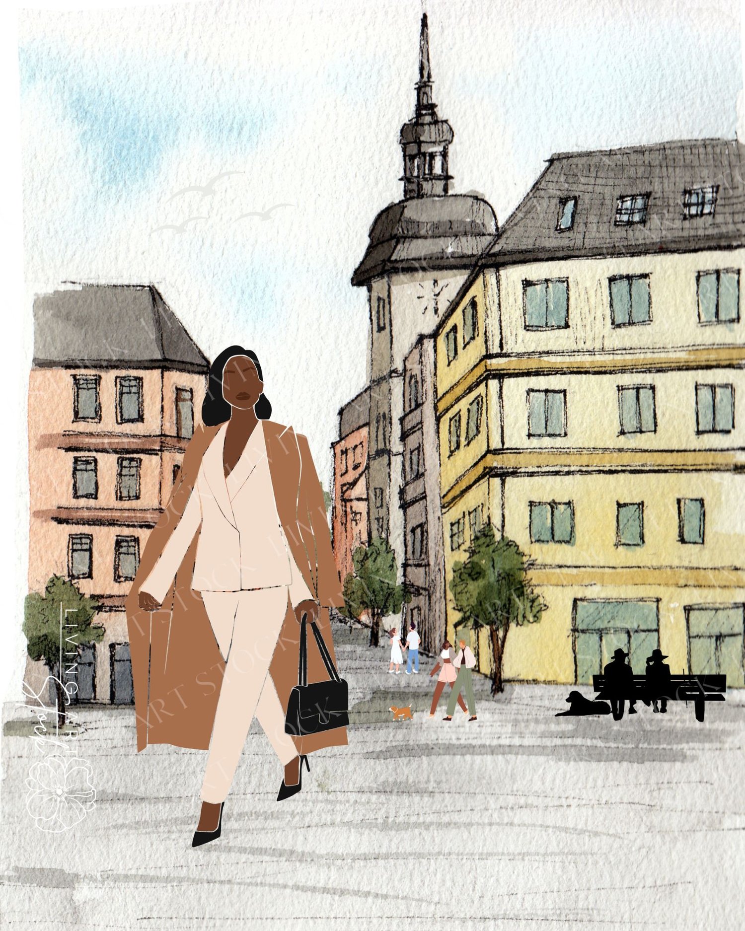 This artistic watercolor and ink illustration features a fashionable Black woman confidently walking through a historic city square. She is dressed in a sophisticated cream-colored power suit layered under a classic camel trench coat, carrying a structure