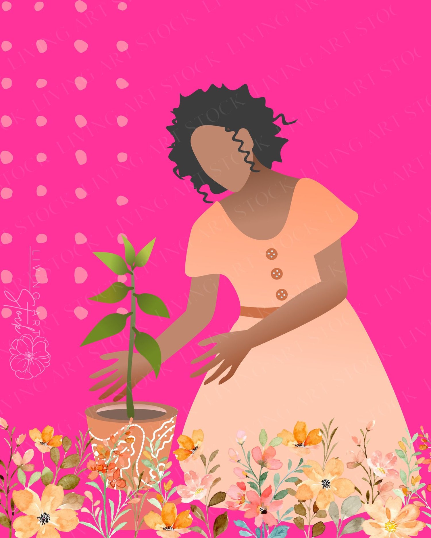 This cheerful digital illustration features a faceless Black woman with natural curly hair, wearing a soft peach-colored button-down dress. She is depicted leaning over a small green plant in a terracotta pot decorated with white patterns, symbolizing gro