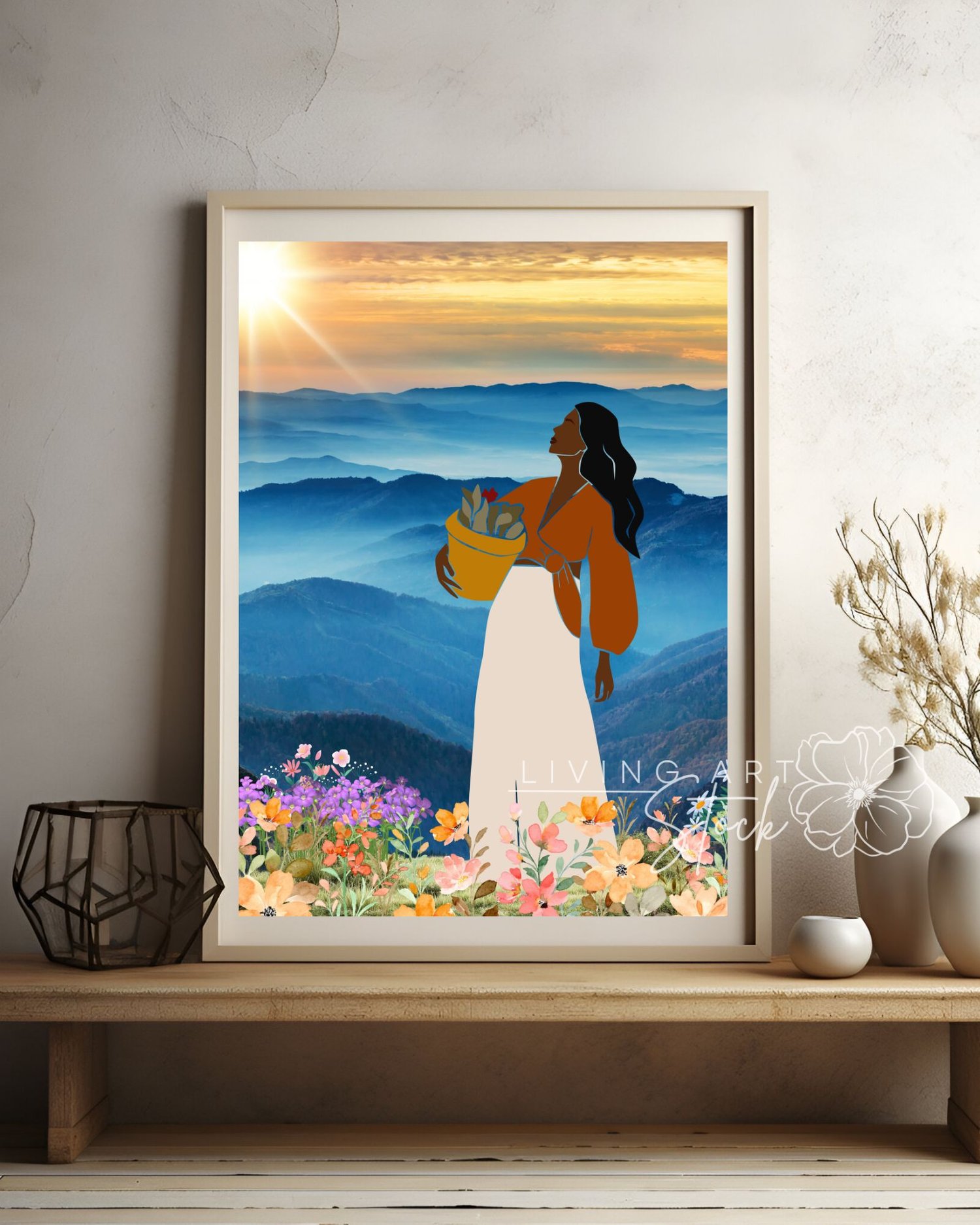 This breathtaking digital illustration features a faceless Black woman with long, flowing dark hair, standing in a moment of peace atop a mountain ridge. She is dressed in a stylish terracotta-colored wrap top with voluminous sleeves and a long, cream-col