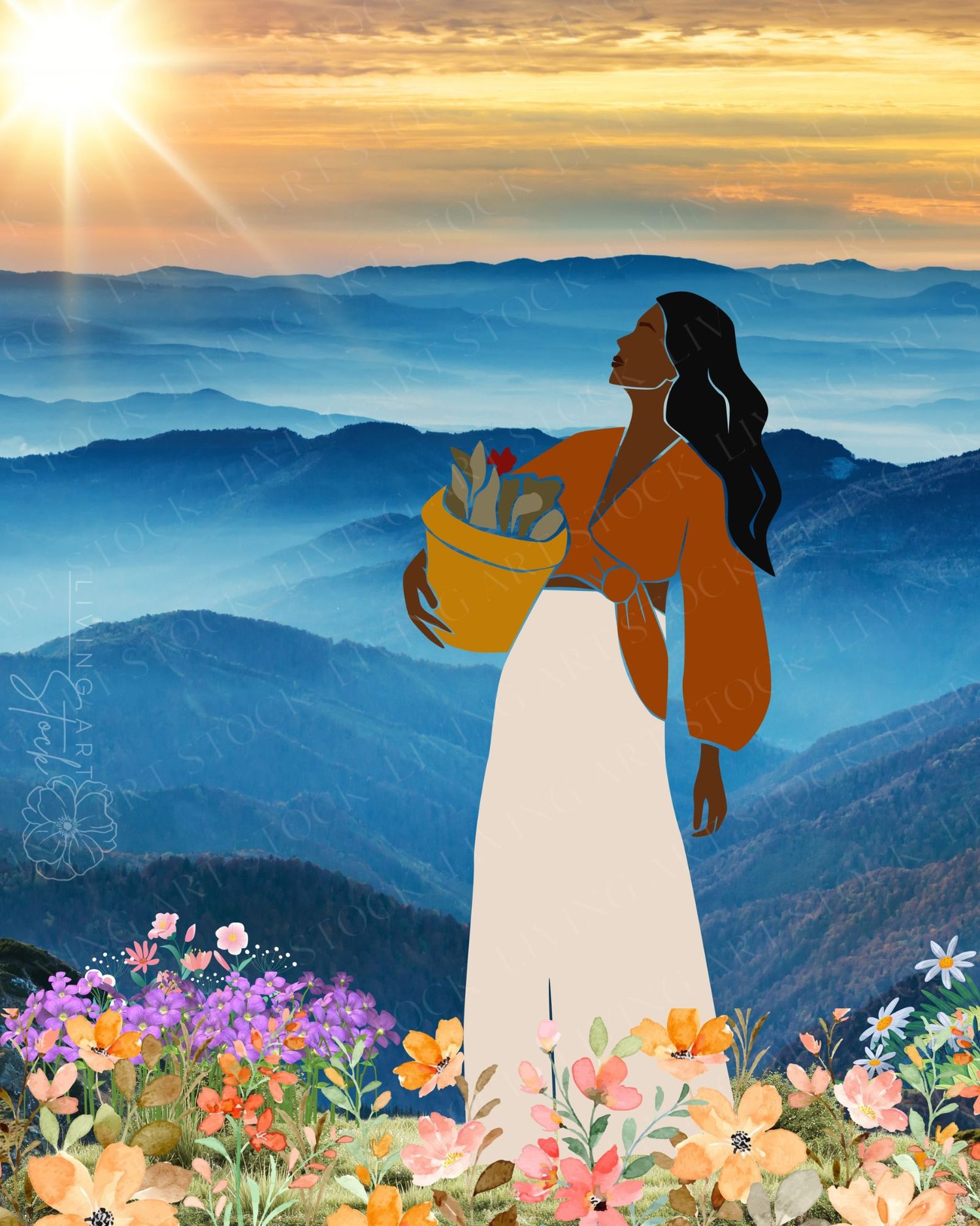 This breathtaking digital illustration features a faceless Black woman with long, flowing dark hair, standing in a moment of peace atop a mountain ridge. She is dressed in a stylish terracotta-colored wrap top with voluminous sleeves and a long, cream-col