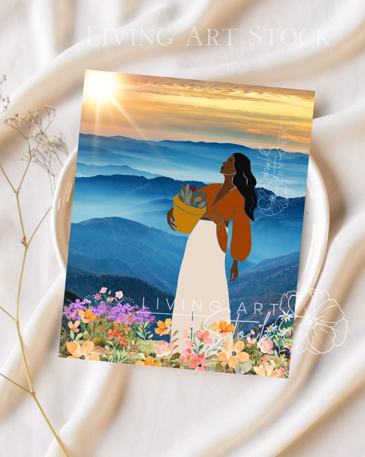 This breathtaking digital illustration features a faceless Black woman with long, flowing dark hair, standing in a moment of peace atop a mountain ridge. She is dressed in a stylish terracotta-colored wrap top with voluminous sleeves and a long, cream-col