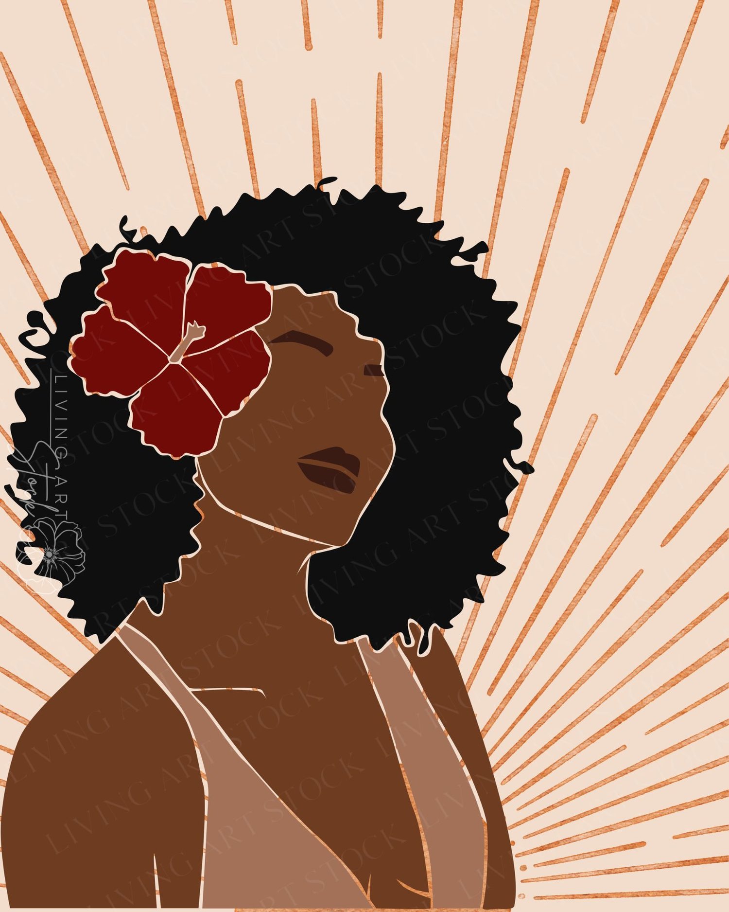 This soulful digital illustration features a minimalist, faceless portrait of a Black woman with voluminous natural curly hair. A vibrant deep-red hibiscus flower is tucked behind her ear, adding a classic tropical or jazz-era touch to the composition. Th
