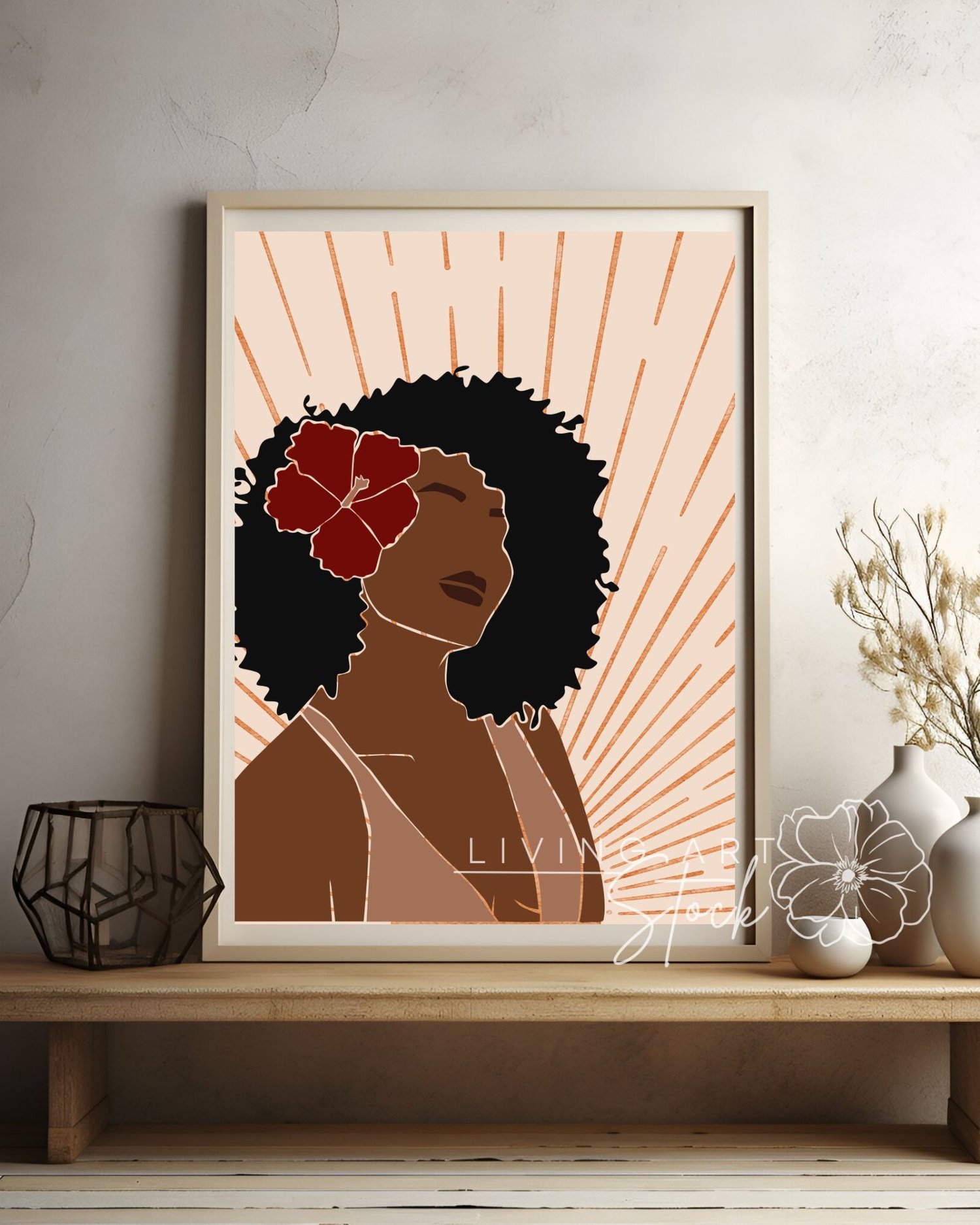 This soulful digital illustration features a minimalist, faceless portrait of a Black woman with voluminous natural curly hair. A vibrant deep-red hibiscus flower is tucked behind her ear, adding a classic tropical or jazz-era touch to the composition. Th