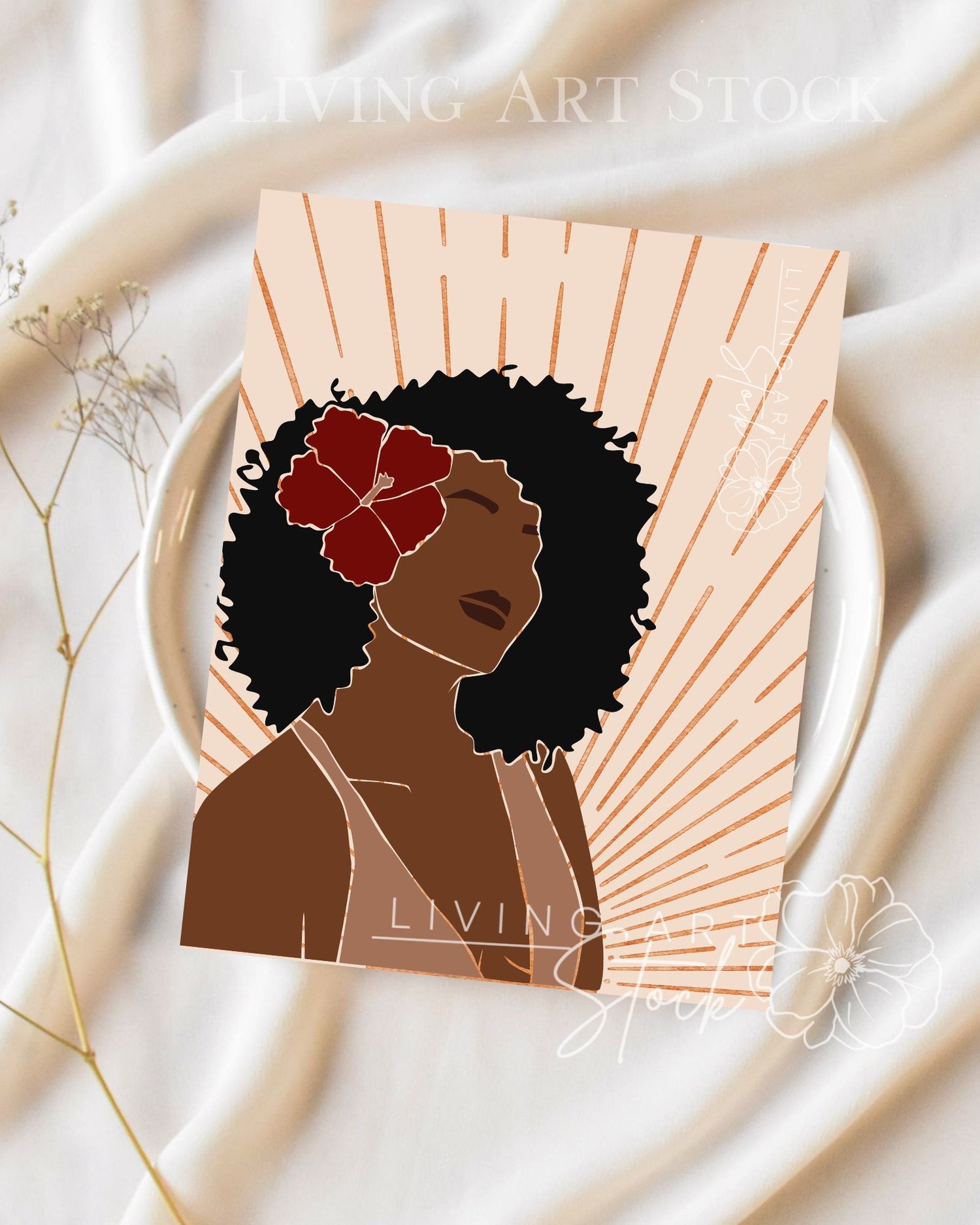 This soulful digital illustration features a minimalist, faceless portrait of a Black woman with voluminous natural curly hair. A vibrant deep-red hibiscus flower is tucked behind her ear, adding a classic tropical or jazz-era touch to the composition. Th