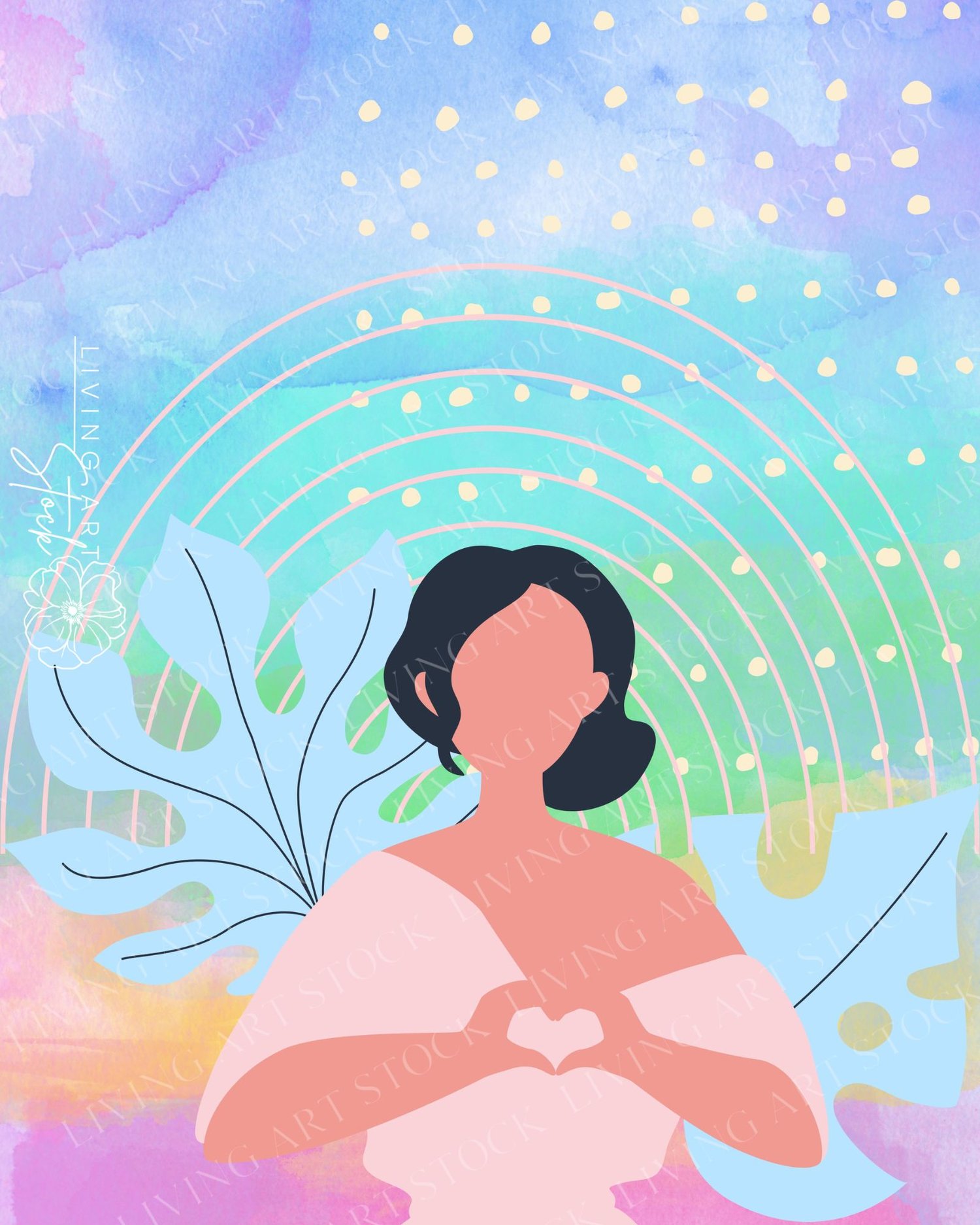 This enchanting digital illustration features a minimalist, faceless woman with dark hair pulled back, wearing a soft pink off-the-shoulder top. She is centered in the frame, using her hands to create a heart symbol over her chest, representing love, kind