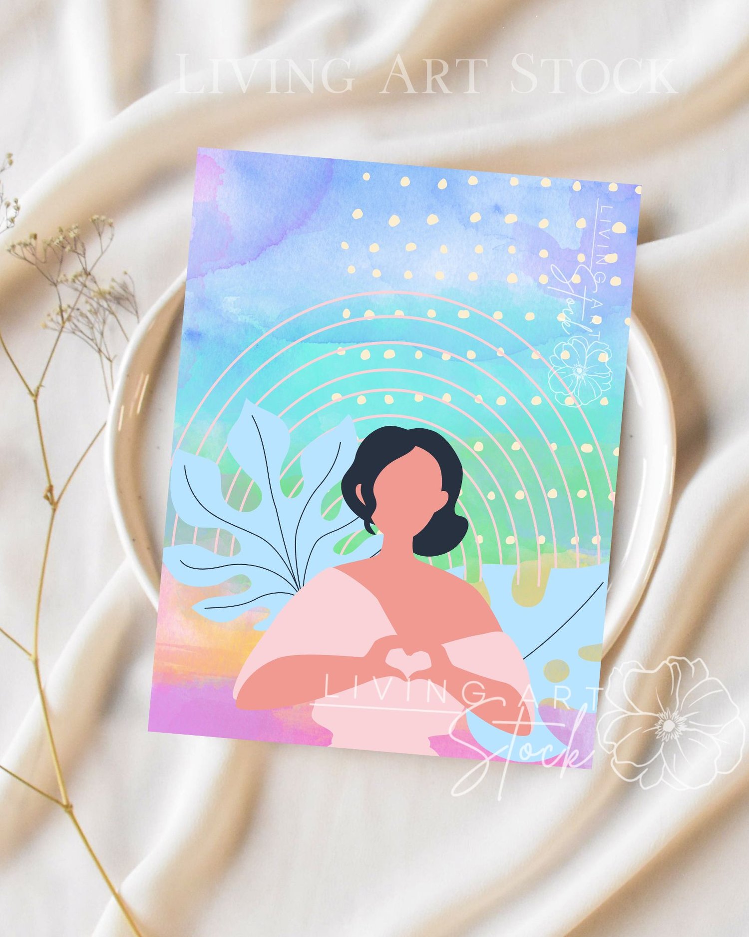 This enchanting digital illustration features a minimalist, faceless woman with dark hair pulled back, wearing a soft pink off-the-shoulder top. She is centered in the frame, using her hands to create a heart symbol over her chest, representing love, kind