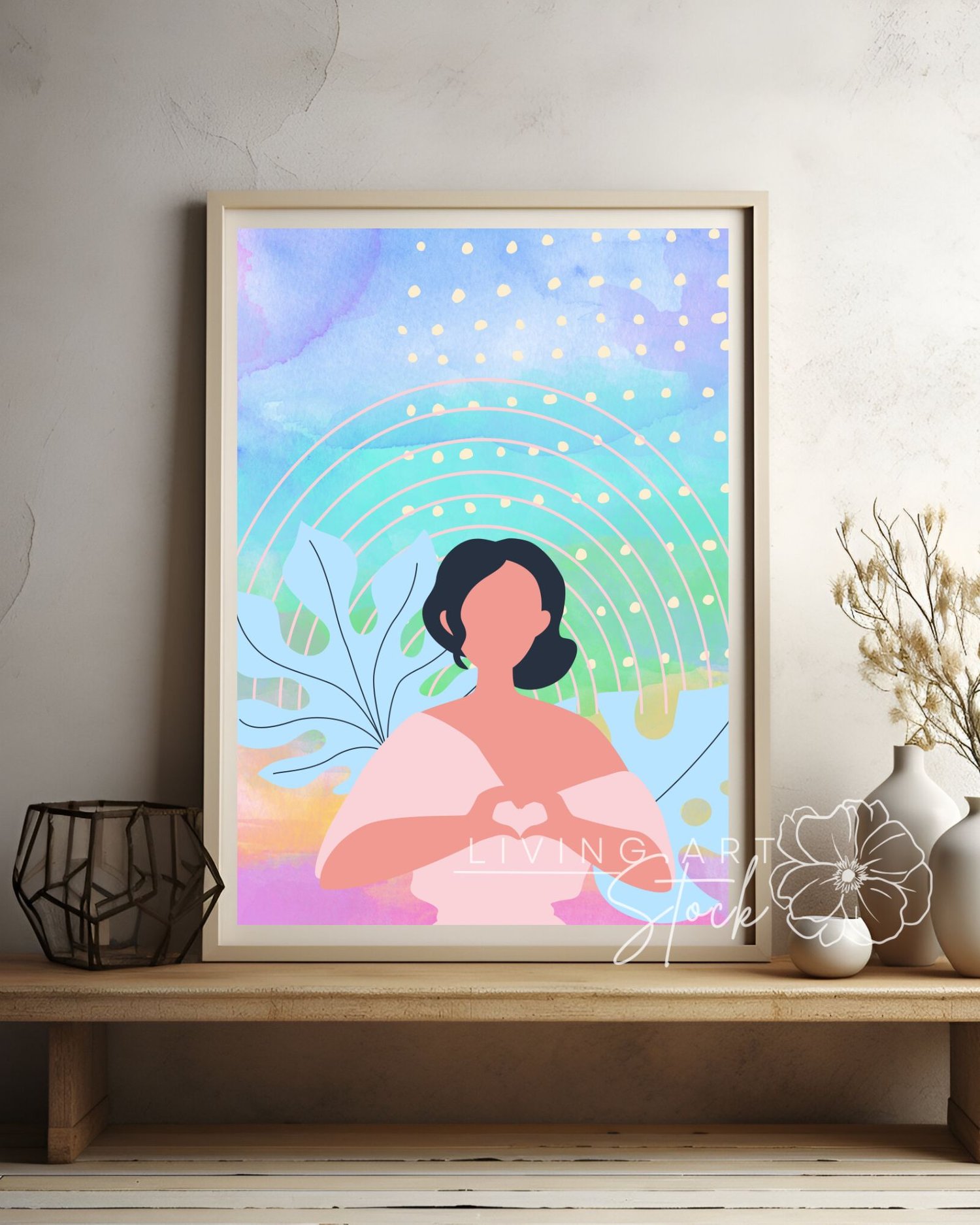 This enchanting digital illustration features a minimalist, faceless woman with dark hair pulled back, wearing a soft pink off-the-shoulder top. She is centered in the frame, using her hands to create a heart symbol over her chest, representing love, kind