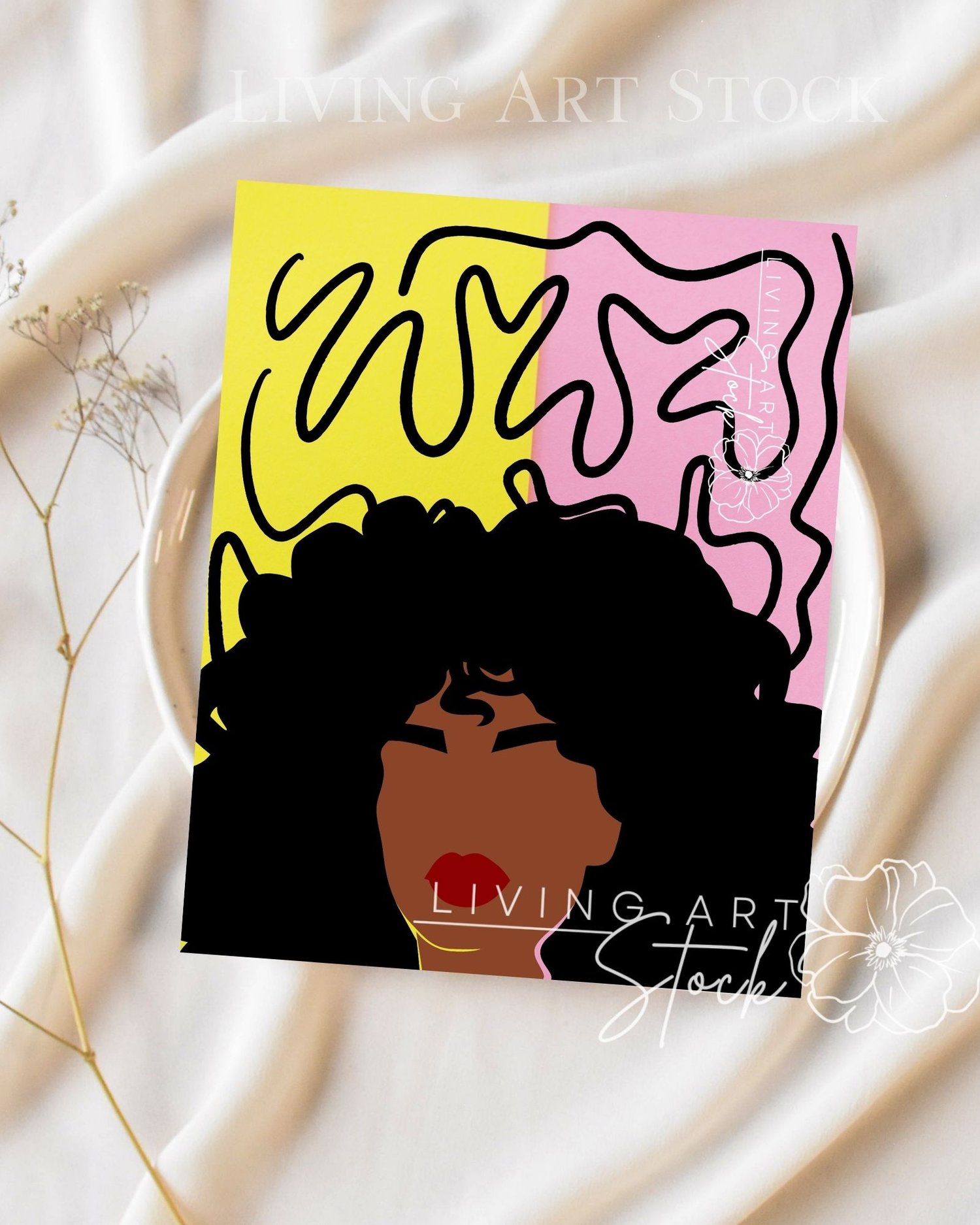This striking digital illustration features a minimalist, faceless portrait of a Black woman with large, voluminous natural afro-textured hair. The subject is shown with dark skin, bold black brows, and vibrant red lips, creating a high-contrast and moder