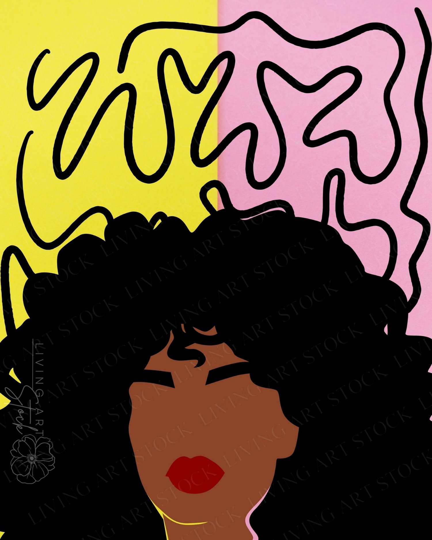 This striking digital illustration features a minimalist, faceless portrait of a Black woman with large, voluminous natural afro-textured hair. The subject is shown with dark skin, bold black brows, and vibrant red lips, creating a high-contrast and moder