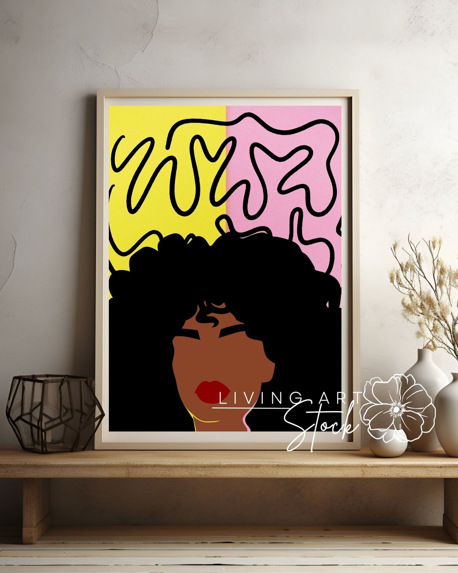 This striking digital illustration features a minimalist, faceless portrait of a Black woman with large, voluminous natural afro-textured hair. The subject is shown with dark skin, bold black brows, and vibrant red lips, creating a high-contrast and moder
