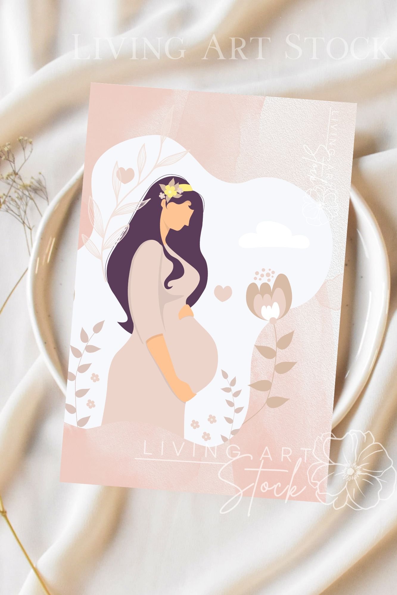 This tender digital illustration features a faceless silhouette of a pregnant woman with long, flowing dark purple hair adorned with delicate yellow flowers. She is depicted in profile, cradling her baby bump while wearing a soft mauve-colored maternity d
