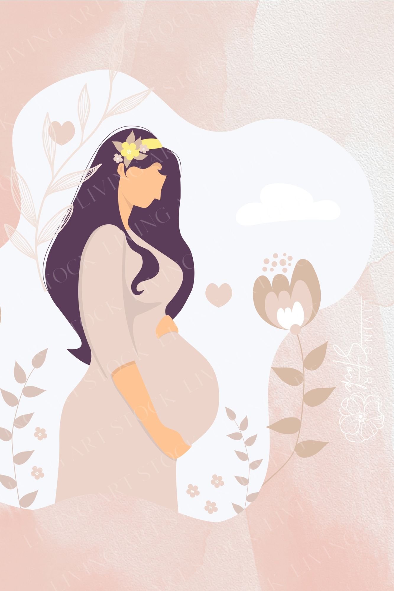 This tender digital illustration features a faceless silhouette of a pregnant woman with long, flowing dark purple hair adorned with delicate yellow flowers. She is depicted in profile, cradling her baby bump while wearing a soft mauve-colored maternity d