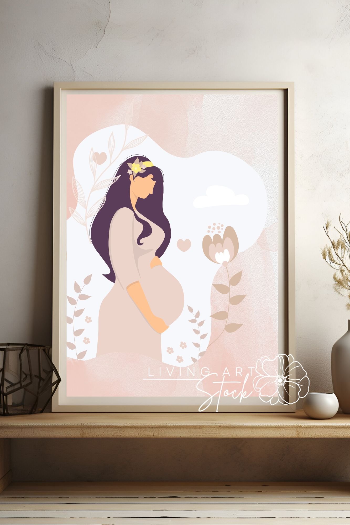 This tender digital illustration features a faceless silhouette of a pregnant woman with long, flowing dark purple hair adorned with delicate yellow flowers. She is depicted in profile, cradling her baby bump while wearing a soft mauve-colored maternity d