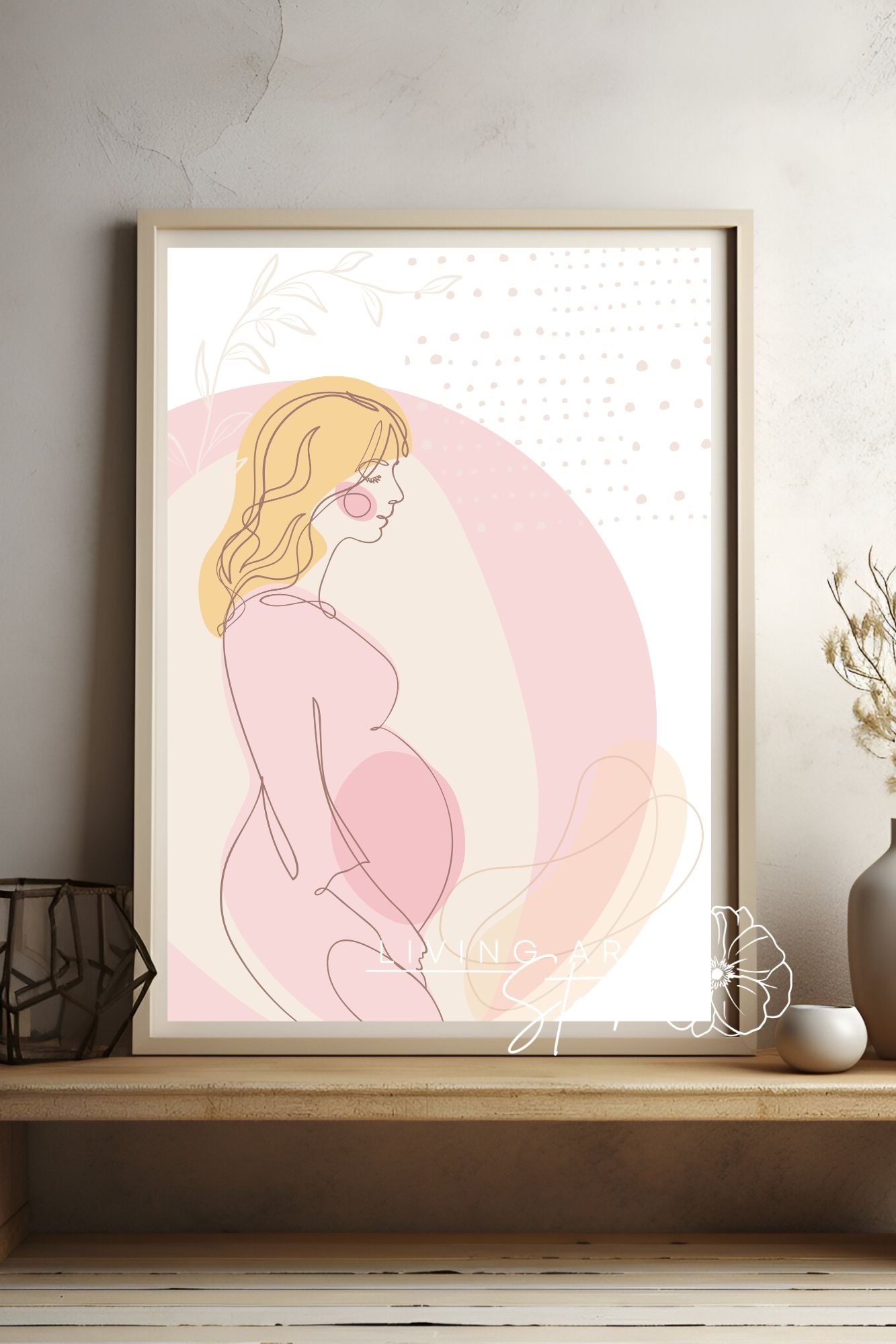 This elegant digital illustration utilizes a minimalist, continuous line-art style to depict a pregnant woman in profile. She is shown with flowing blonde hair, closed eyes, and a gentle expression, wearing a simple long-sleeved dress that highlights her