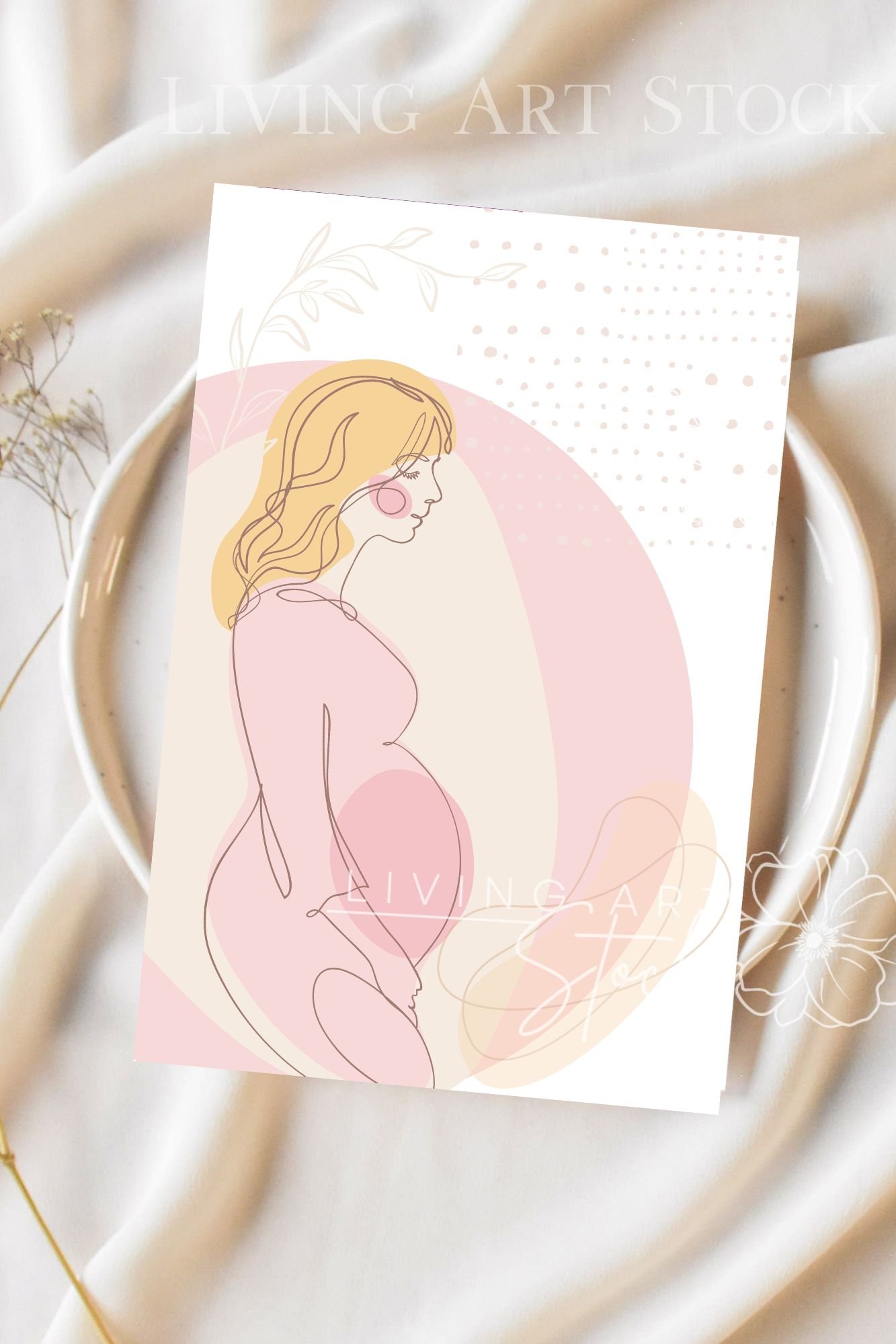 This elegant digital illustration utilizes a minimalist, continuous line-art style to depict a pregnant woman in profile. She is shown with flowing blonde hair, closed eyes, and a gentle expression, wearing a simple long-sleeved dress that highlights her