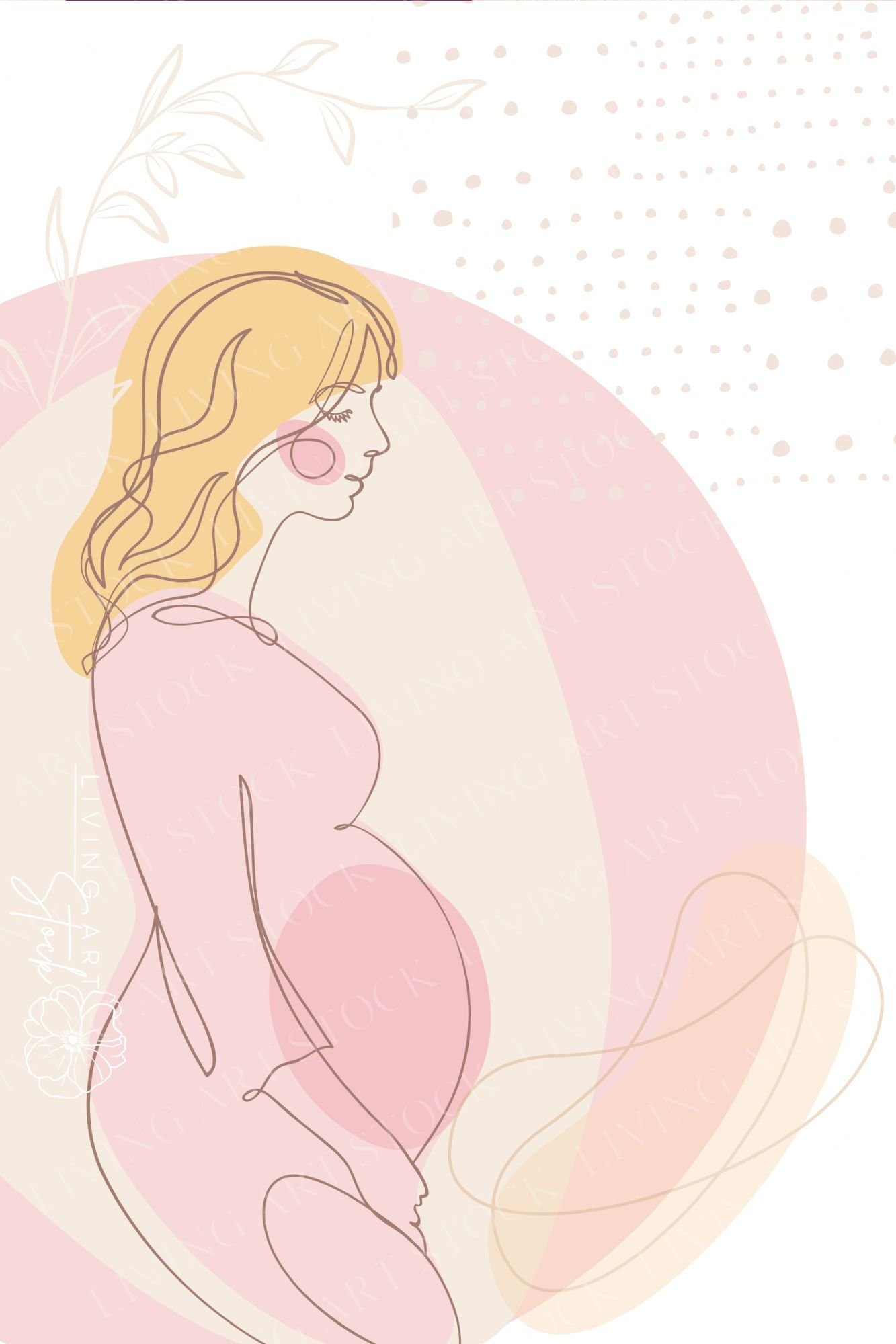 This elegant digital illustration utilizes a minimalist, continuous line-art style to depict a pregnant woman in profile. She is shown with flowing blonde hair, closed eyes, and a gentle expression, wearing a simple long-sleeved dress that highlights her