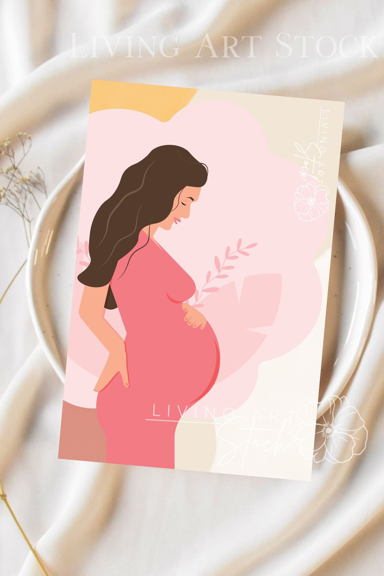 This heartwarming digital illustration features a faceless pregnant woman with long, flowing brown hair, shown in profile. She wears a form-fitting, vibrant pink maternity dress and is depicted in a nurturing pose, with one hand gently cradling her baby b