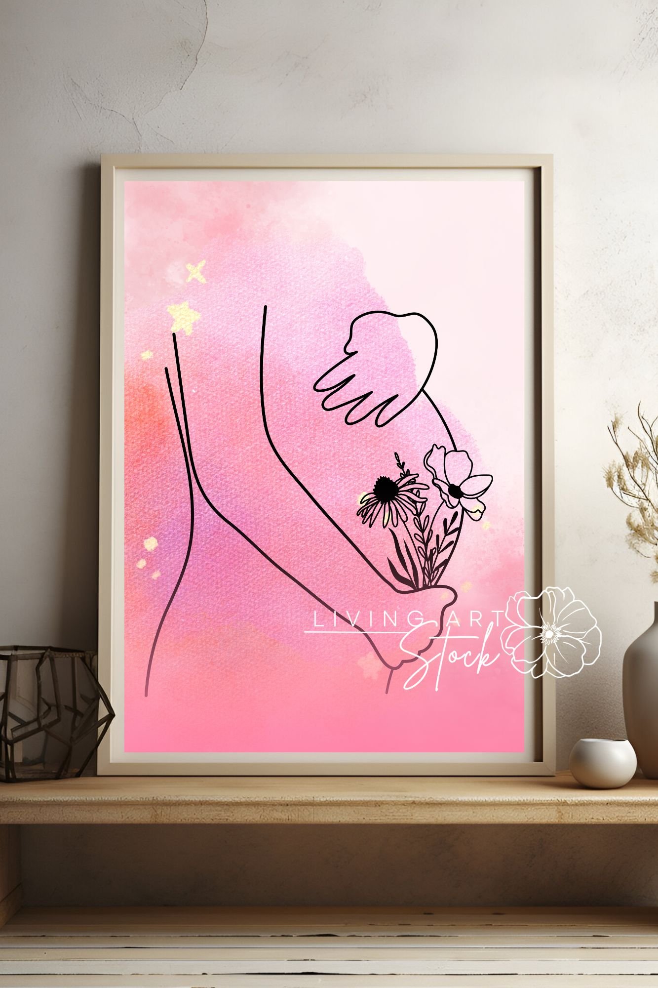 This artistic digital illustration features a delicate, minimalist black line drawing of a pregnant woman's torso and hands gently cradling her baby bump. Emerging from her hands is a beautiful sketched bouquet of wildflowers, symbolizing growth, fertilit