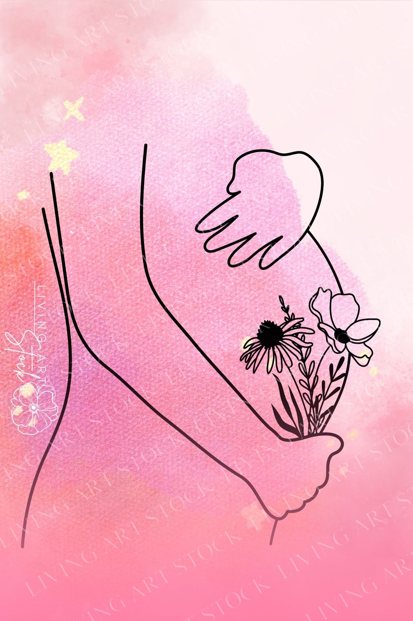 This artistic digital illustration features a delicate, minimalist black line drawing of a pregnant woman's torso and hands gently cradling her baby bump. Emerging from her hands is a beautiful sketched bouquet of wildflowers, symbolizing growth, fertilit