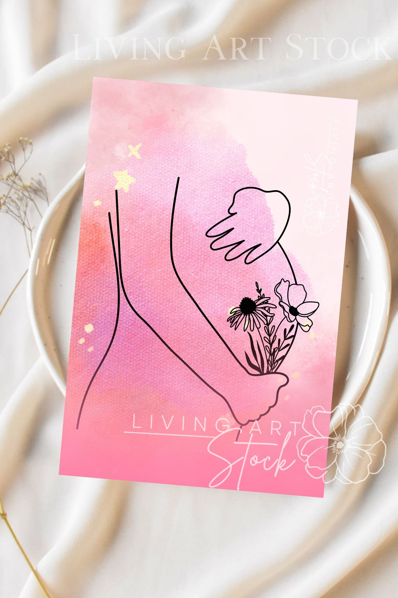 This artistic digital illustration features a delicate, minimalist black line drawing of a pregnant woman's torso and hands gently cradling her baby bump. Emerging from her hands is a beautiful sketched bouquet of wildflowers, symbolizing growth, fertilit