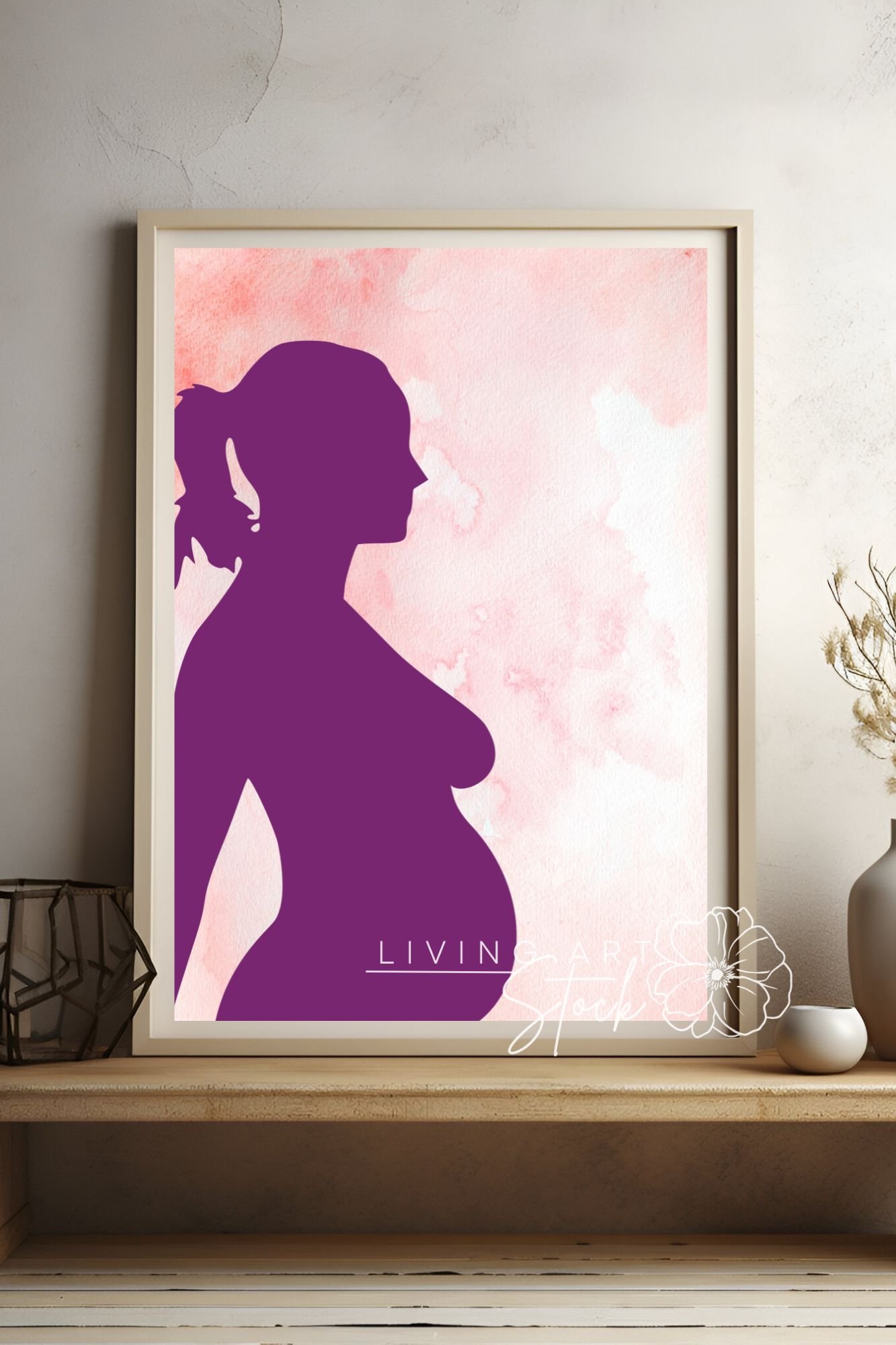 This striking digital illustration features a solid deep purple silhouette of a pregnant woman shown from the side in profile. The subject has her hair tied back in a ponytail, highlighting her serene posture and baby bump. The figure is set against a vib