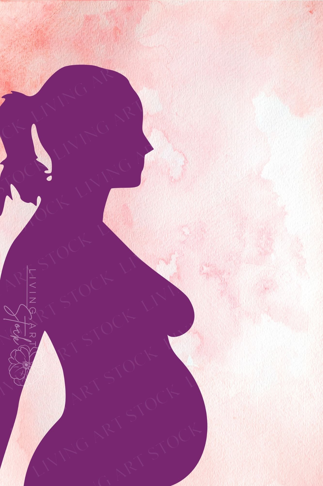 This striking digital illustration features a solid deep purple silhouette of a pregnant woman shown from the side in profile. The subject has her hair tied back in a ponytail, highlighting her serene posture and baby bump. The figure is set against a vib